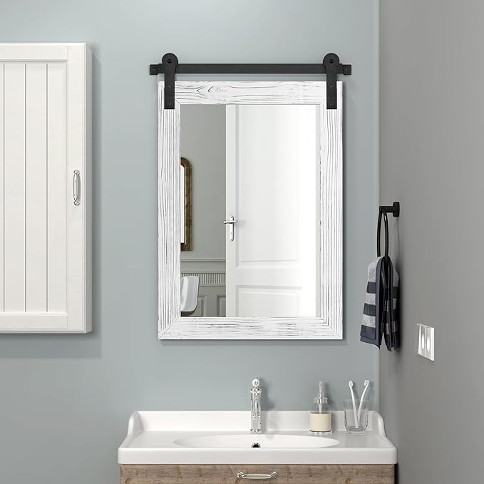 Zalorin Bathroom Mirror - 30 x 21 Rustic Wood Framed Wall Barn Door Mirror for Entryway, Living Room, Entryway Wall Decor (White)