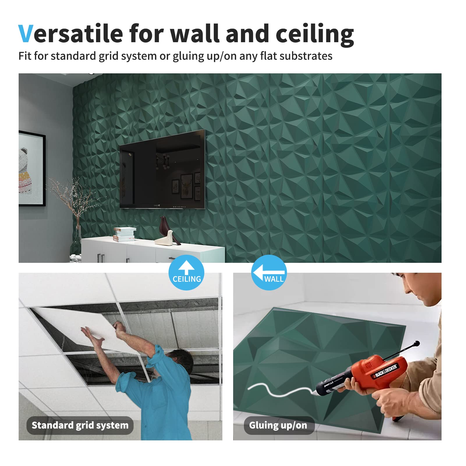 Zalorin Textures 3D Wall Panels Army Green Diamond Design for Interior Wall Decor Pack of 12 Tiles 32 Sq Ft (PVC)