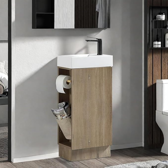 Zalorin 16" Small Bathroom Vanity with Sink Narrow Depth Bathroom Vanities,Wood Vanity Cabinet,Soft Closing Door,Adjustable Shelves,Modern Wall Decor,Grey