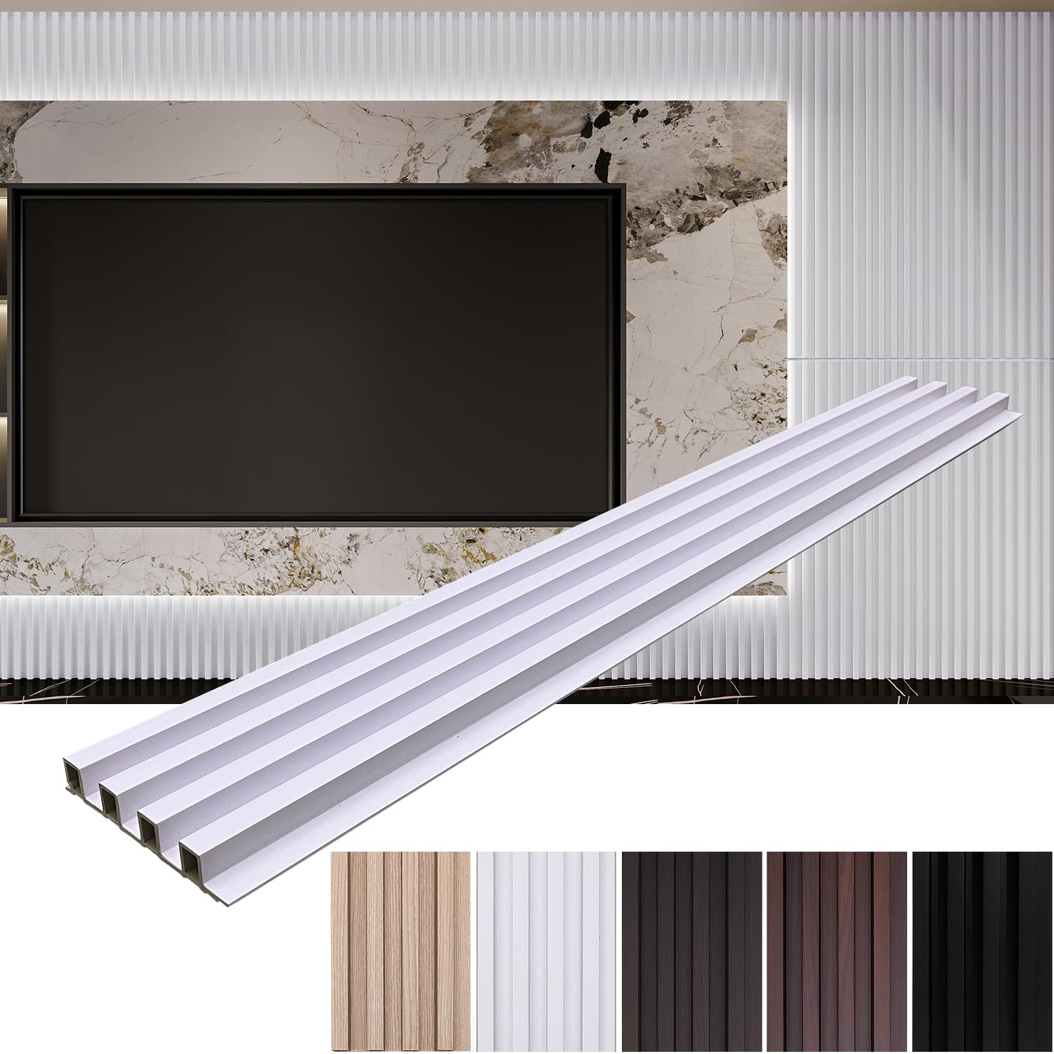 Zalorin12-Pack Slat Wall Panel 3D WPC Grille for Walls Embossed White Oak Textured Wood Plastic Composite Panel Wood Strip Texture 3D Wall Panels