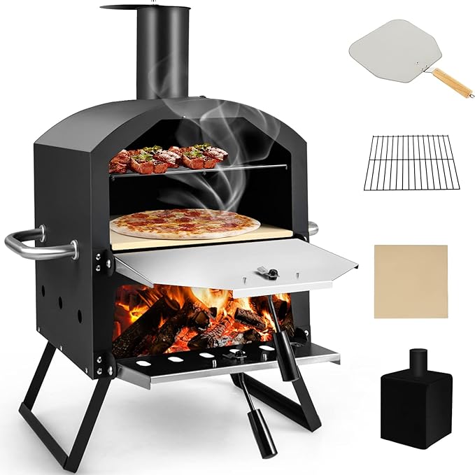 Zalorin Outdoor Pizza Oven Wood Fired, 2-Layer Pizza Maker with Pizza Stone, Pizza Peel, Removable Cooking Rack, Waterproof Cover, Folding Legs, Outside Pizza Ovens for Camping Backyard BBQ (28 Inch)