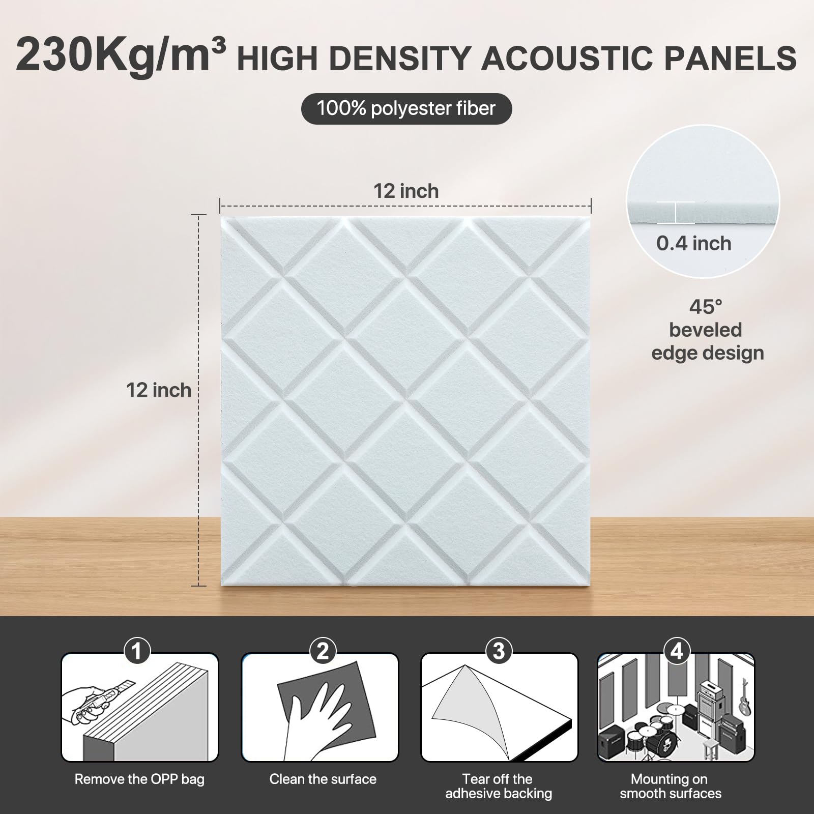 ZalorinSoundproof Wall Panels, Acoustic Panels Sound Absorbing High Density, 12 Pack Sound Proof Panels for Walls Self-Adhesive, Sound Dampening Panels for Walls Bedroom Studio 12" X 12" X 0.4" White