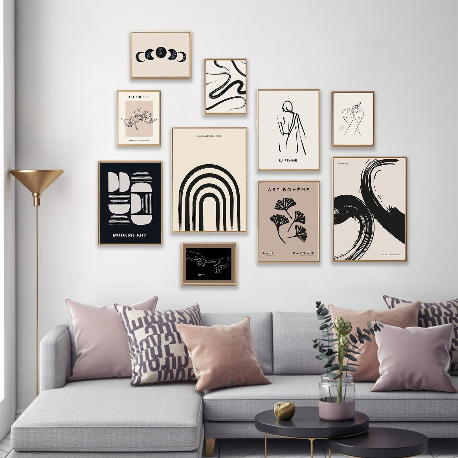 Zalorin Minimalist Boho Eclectic Wall Art Prints, 10 PCs Boho Wall Decor Abstract Neutral Black Beige Women Body Line Flower Canvas Painting Poster,Gallery Picasso Picture Eclectic Home Decor for Room
