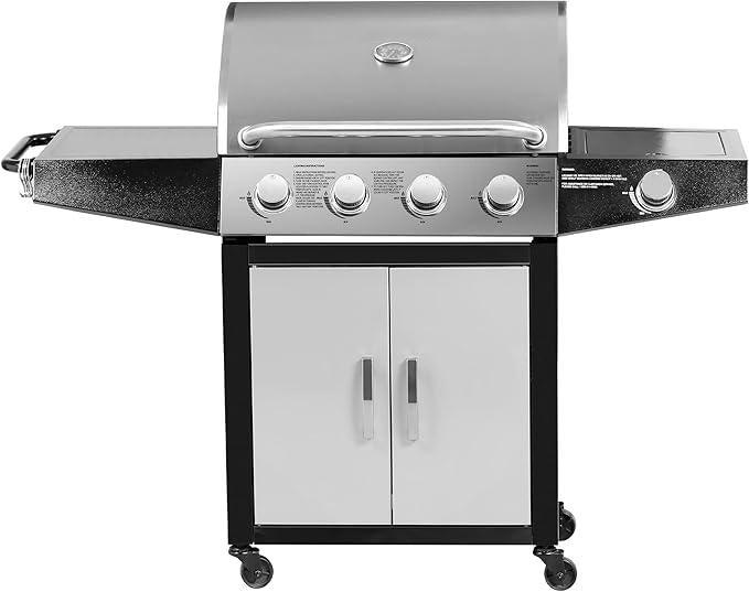 Zalorin Outdoor Propane Gas Grill, 4-Burner with Side Burner, Stainless Steel, Silver Black
