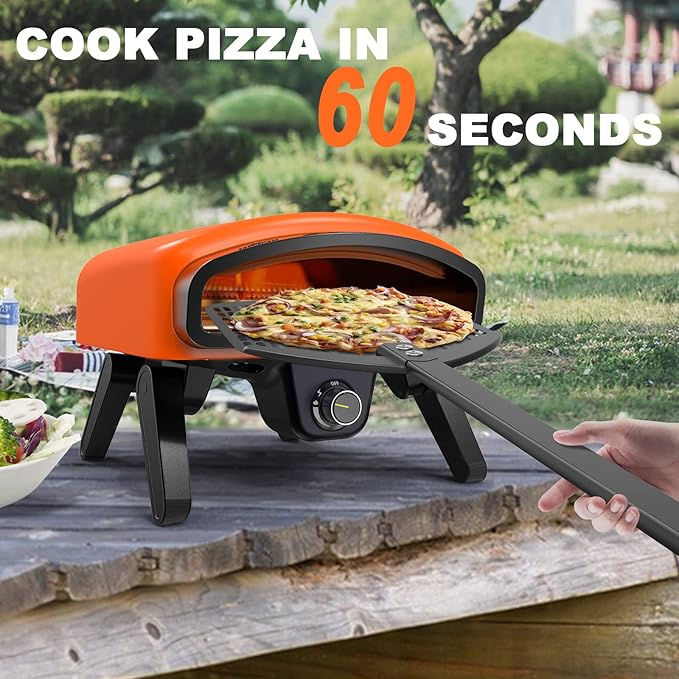 Zalorin Gas Pizza Oven Outdoor 14" Pizza Oven with Built-In Thermometer, Portable Propane Pizza Oven Stainless Steel with Pizza Peel, Stone, Griddle, Recipe & Carrying Bag for Outdoor Kitchen-Orange