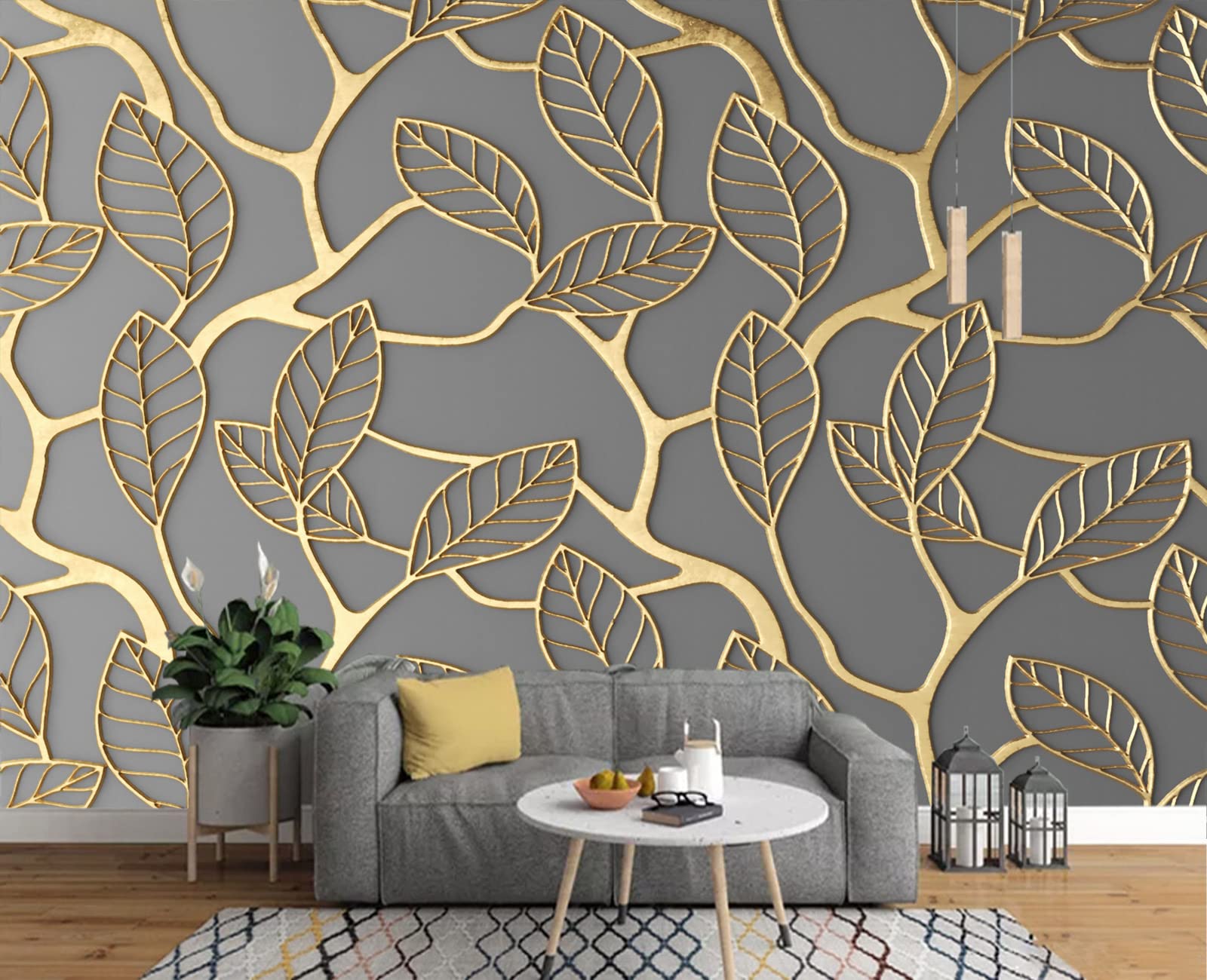 Zalorin -3d Wallpaper Golden Leaves Mural Wallpaper Bedroom Living Room Decor 103" x 69"(Not Self-Adhesive)