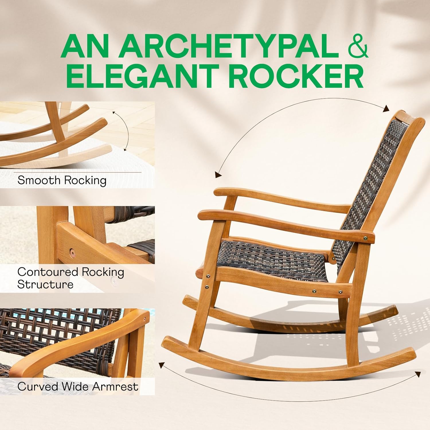 IDZO Wood Wicker Rocking Chair, 400 lbs Capacity, Durable Eucalyptus Wood, Natural Finish, Comfortable Curvy Design, Ideal for Deck, Patio Furniture, Teak Outdoor Furniture, Set of 2