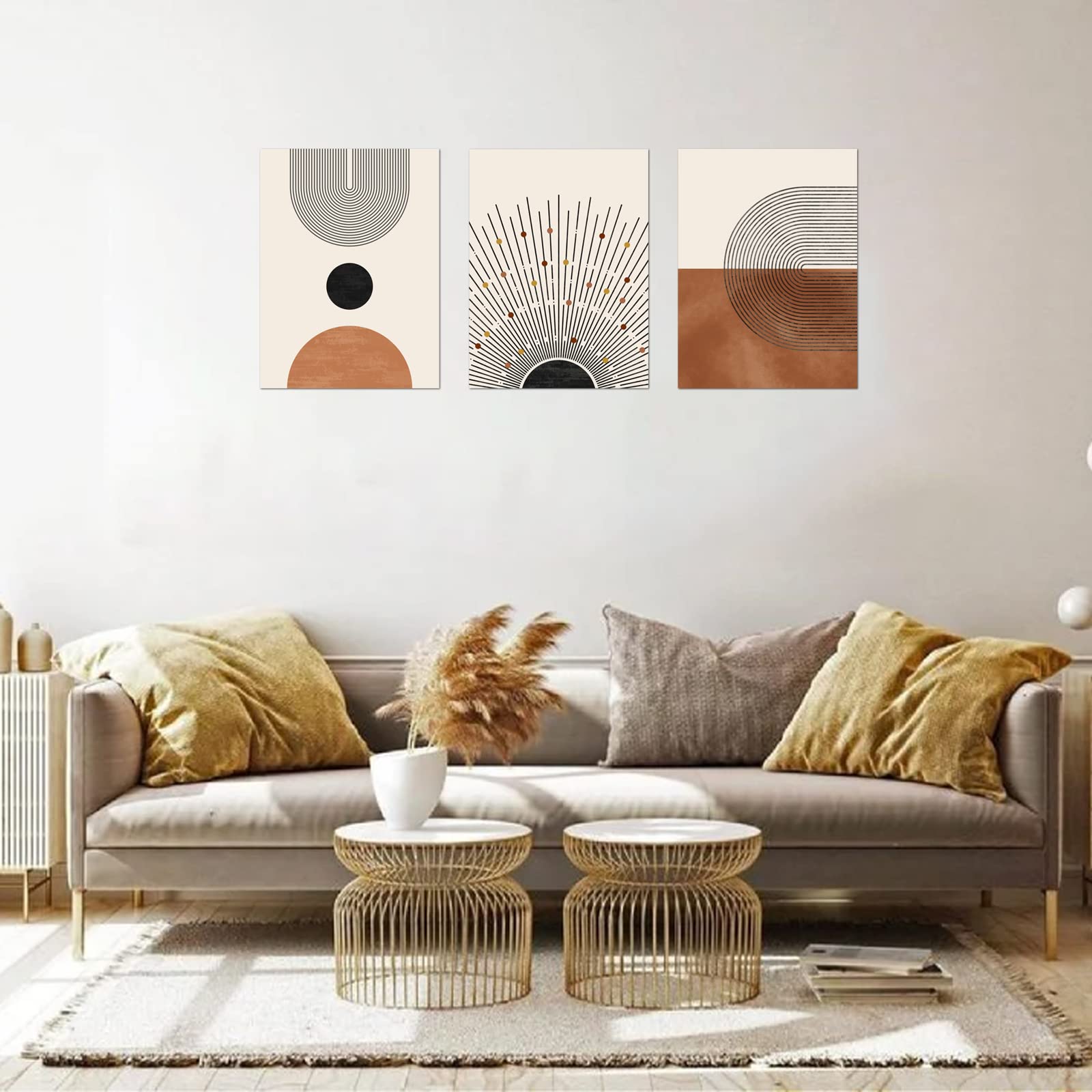 Zalorin Minimalist Boho Wall Art Set of 3, Mid-Century Modern Wall Art Decor, Neutral Geometric Line Sun Canvas Prints Artwork, Framed Abstract Boho Wall Art Decor for Bathroom, Bedroom, Living Room, Office