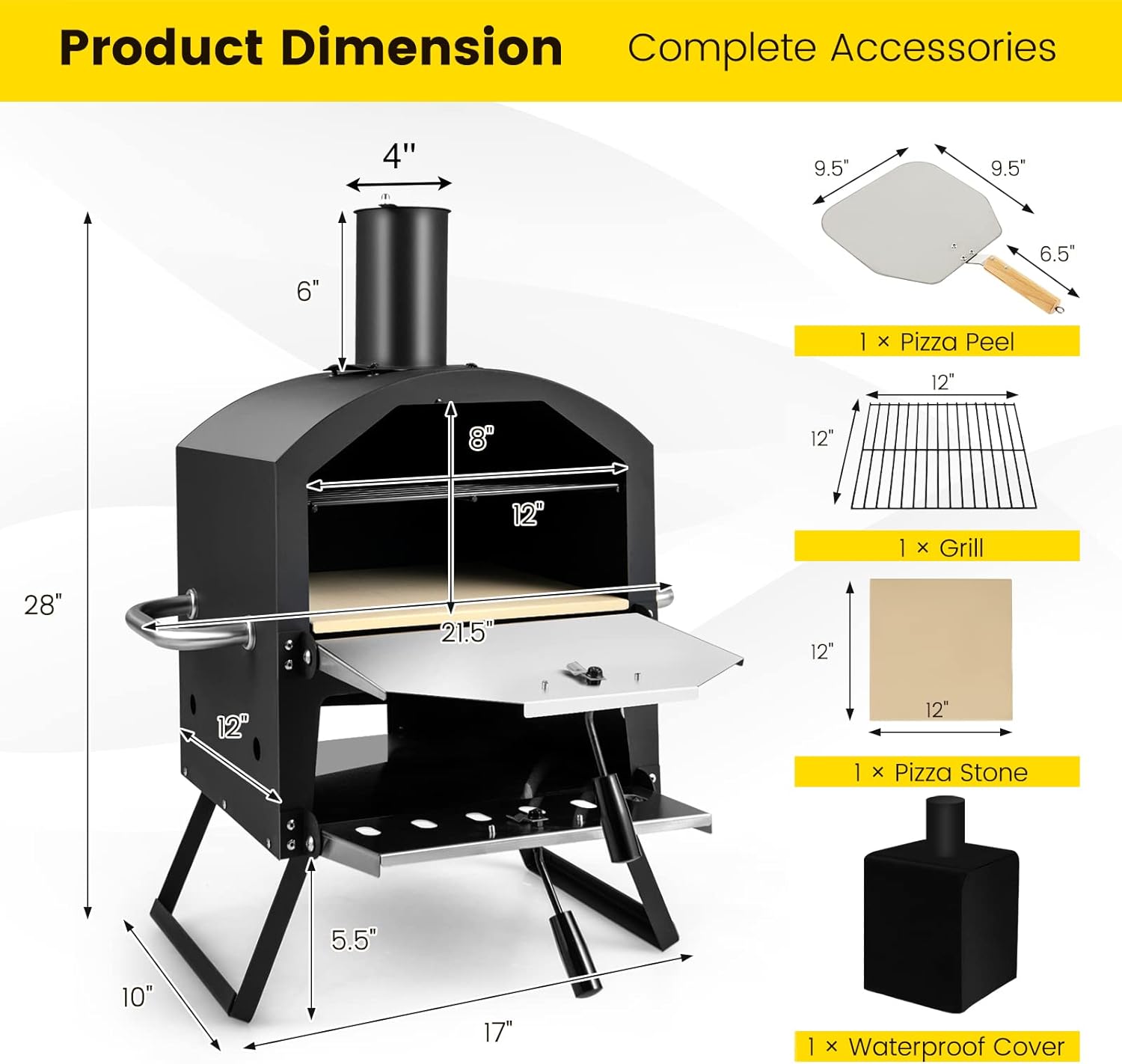 Zalorin Outdoor Pizza Oven Wood Fired, 2-Layer Pizza Maker with Pizza Stone, Pizza Peel, Removable Cooking Rack, Waterproof Cover, Folding Legs, Outside Pizza Ovens for Camping Backyard BBQ (28 Inch)