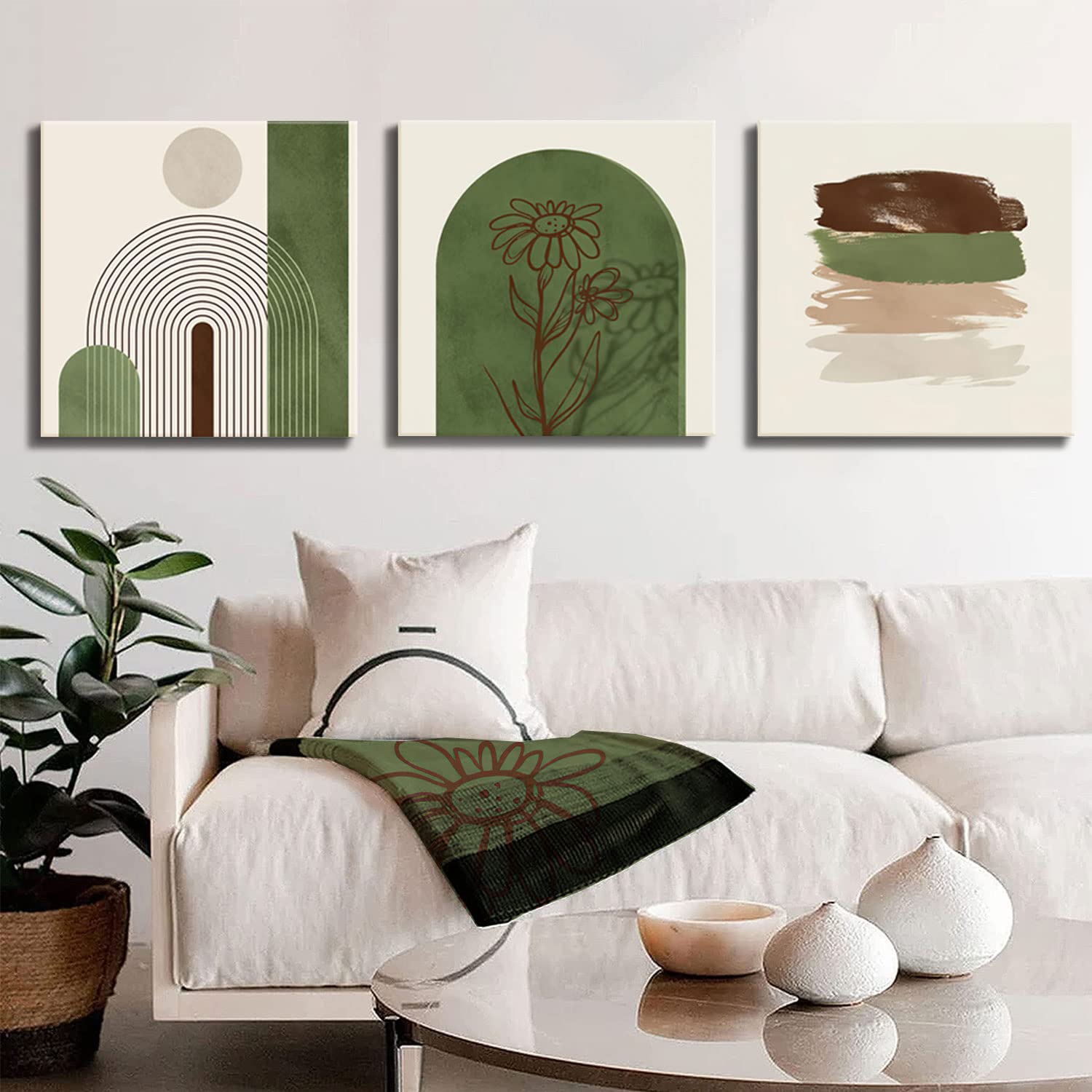 Zalorin Sage Green Boho Wall Art Set of 3 Framed Geometric Line Canvas Beige Green pictures for Wall Boho Prints Sage Green Posters for Living Room, Bedroom, Bathroom, Office Wall Decor20"W*20"H*3