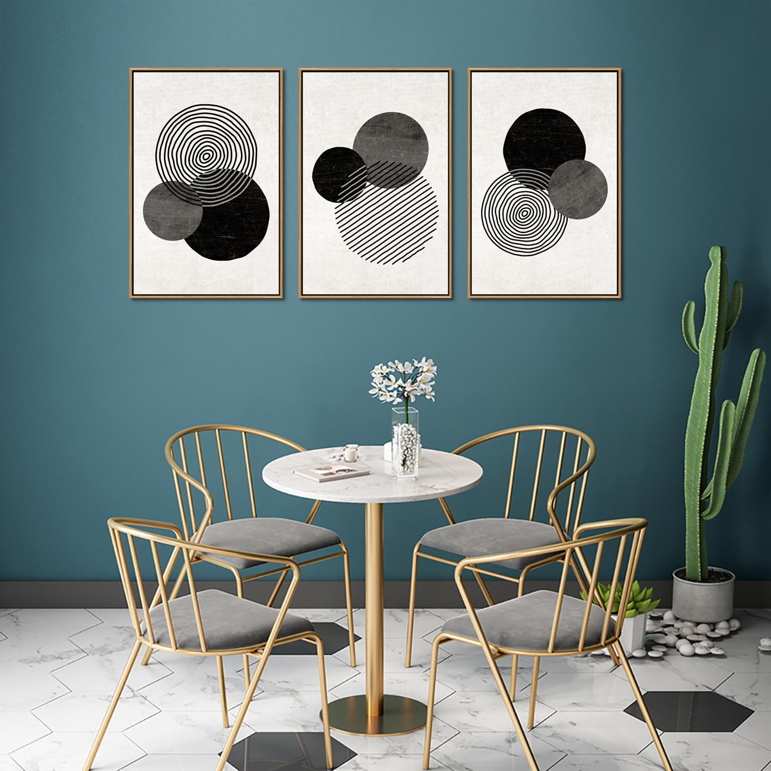 Zalorin Framed Black and White Wall Art Canvas Set Mid Century Boho Pictures Modern Geometric Lines Rounds Wall Decor Minimalist Bohemian Abstract Painting Artwork for Living Room Bedroom Office 16"x24"x3Pc