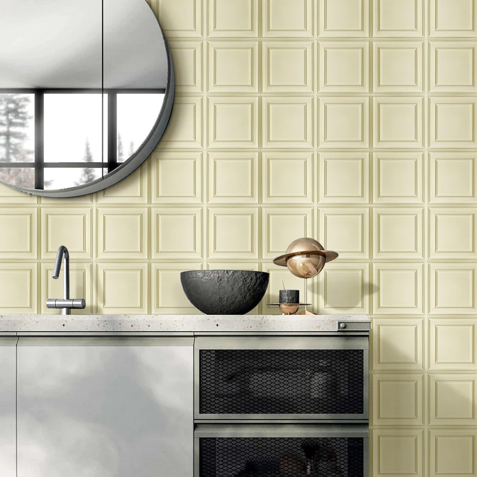 Zalorin 10 Pcs 3D PVC Wall Panels Peel and Stick Wall Tile - 11.8"x11.8" Light Yellow Square 3D Decorative Wall Panels for Bedroom, Living Room,Interior Wall Decor, Matte