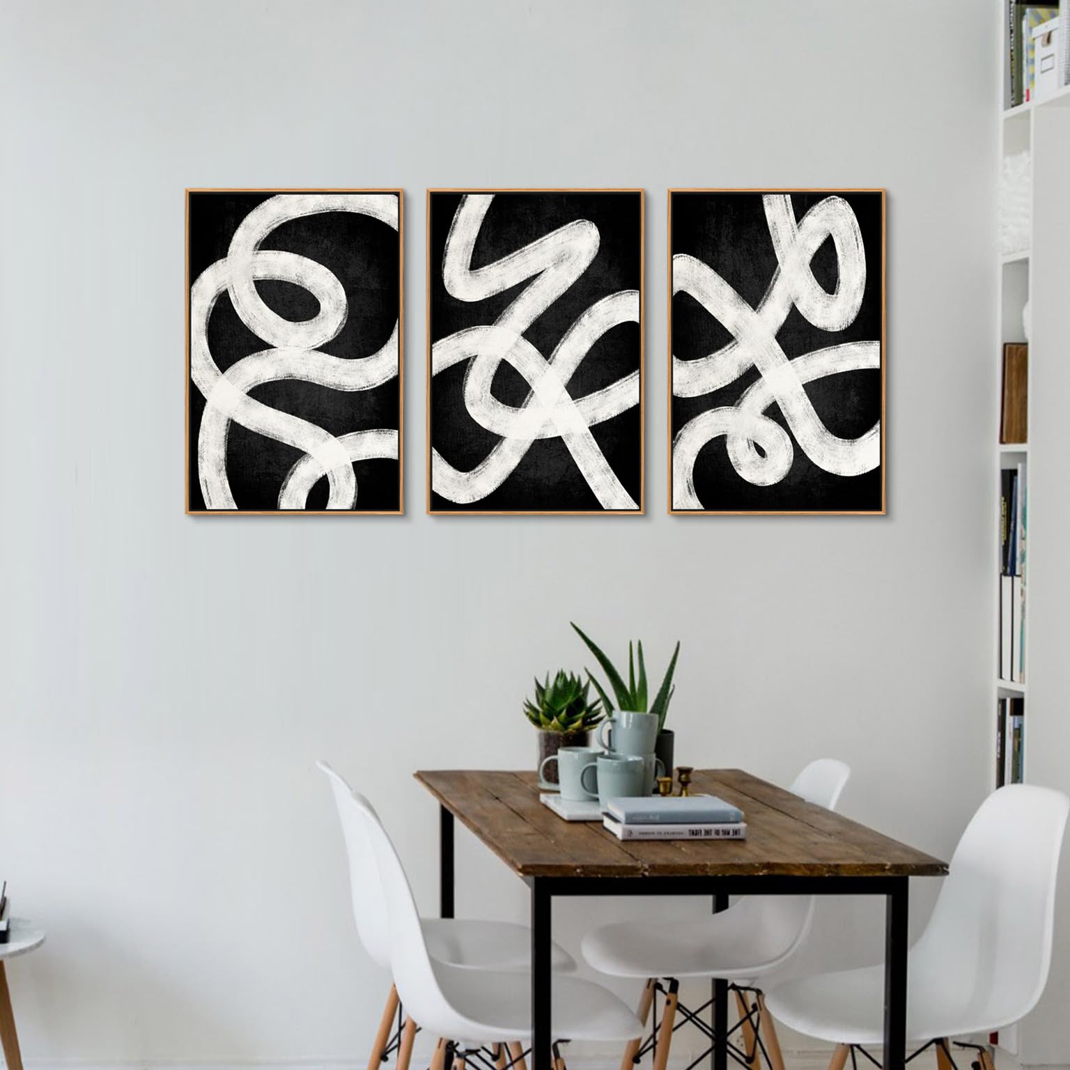 Zalorin Wooden Framed Mid Century Wall Art- Black and White Geometric Line Painting Artwork, Abstract Minimalist Modern Bohemian Wall Art, Vintage Canvas Wall Art for Bedroom Living Room Bathroom Dining Room