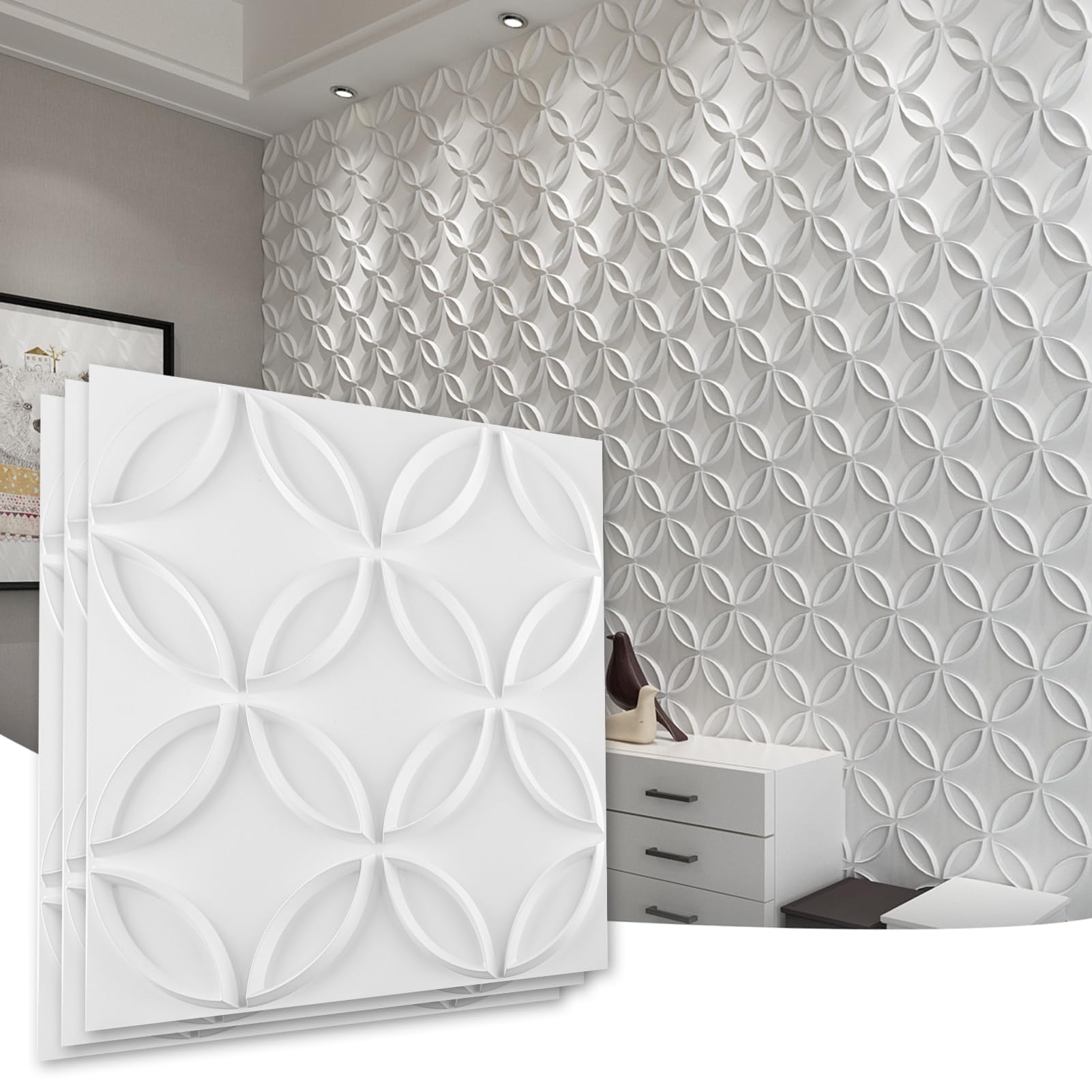 Zalorin PVC 3D Wall Panel Interlocked Circles in Matt White Cover 32 Sq.ft, for Interior Ceiling and Wall Decor for Residential or Commerical
