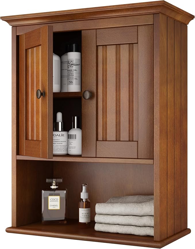 Zalorin Treocho Wood Wall Cabinet, Bathroom Medicine Cabinet Storage with Doors and Adjustable Shelf, Rustic Cabinet Wall Mounted for Bathroom, Livingroom, Kitchen, Cupboard, Reddish Brown