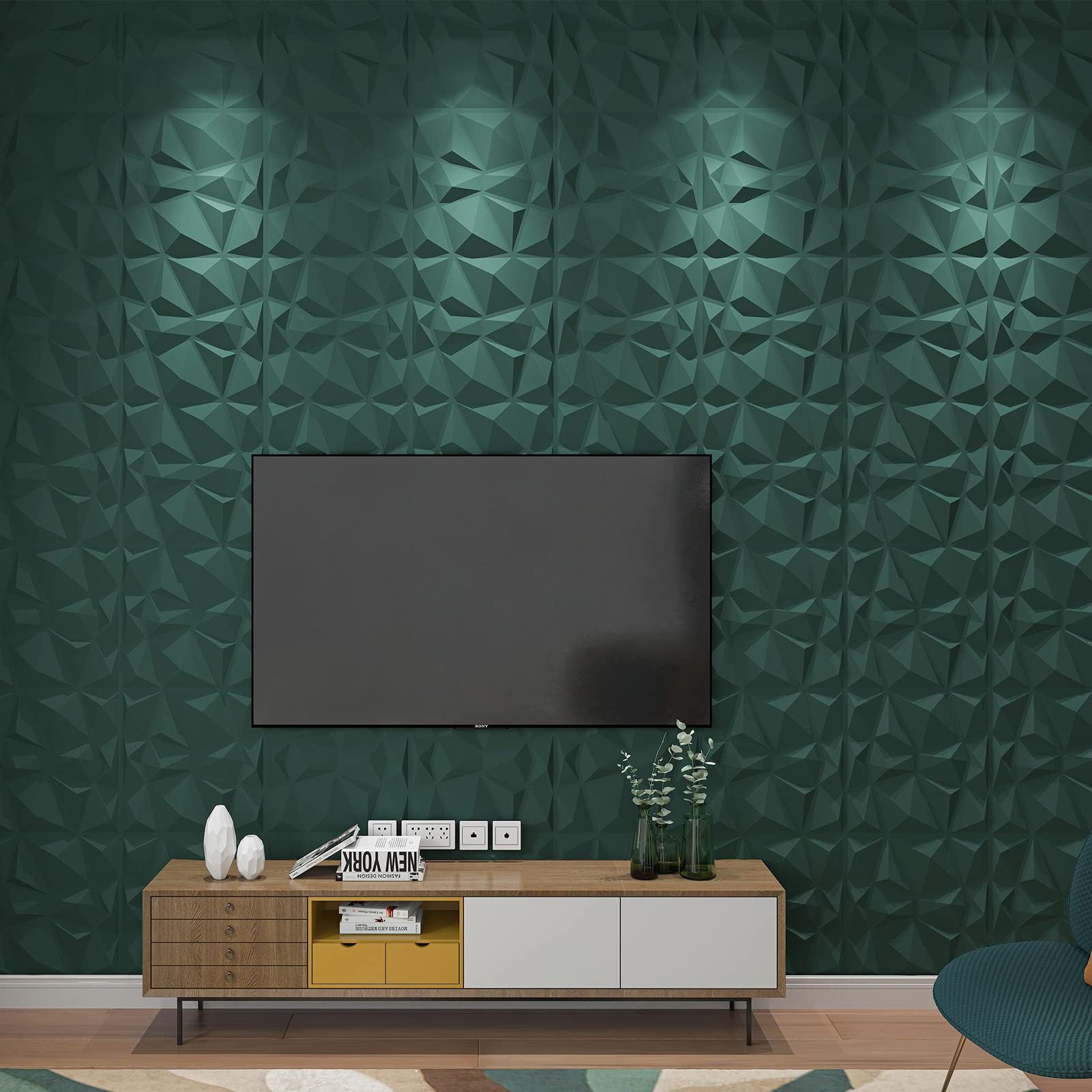 Zalorin Textures 3D Wall Panels Army Green Diamond Design for Interior Wall Decor Pack of 12 Tiles 32 Sq Ft (PVC)