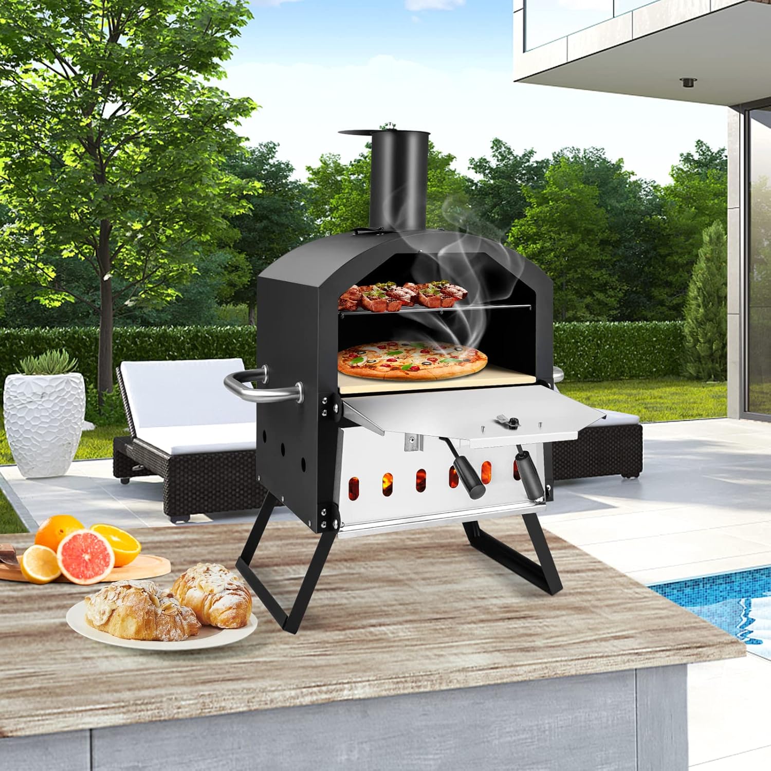 Zalorin Outdoor Pizza Oven Wood Fired, 2-Layer Pizza Maker with Pizza Stone, Pizza Peel, Removable Cooking Rack, Waterproof Cover, Folding Legs, Outside Pizza Ovens for Camping Backyard BBQ (28 Inch)