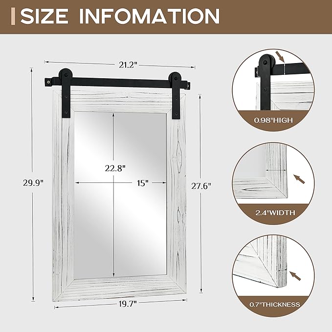 Zalorin Bathroom Mirror - 30 x 21 Rustic Wood Framed Wall Barn Door Mirror for Entryway, Living Room, Entryway Wall Decor (White)