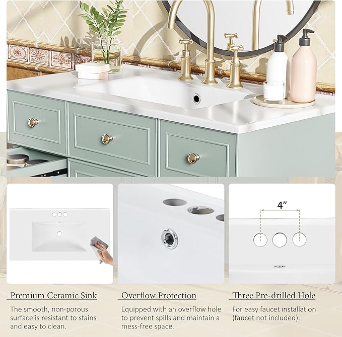 Zalorin 36" Green Bathroom Vanity with Sink, Modern Bathroom Vanity with 3 Drawers & Soft Close Doors, Solid Wood Bathroom Shaker Cabinet with Undermount Ceramic Sink, Gold Handles (Green)