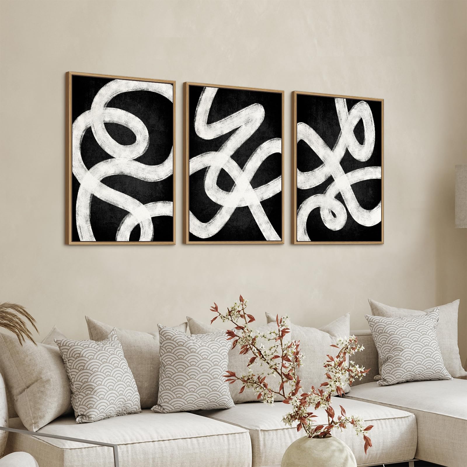 Zalorin Wooden Framed Mid Century Wall Art- Black and White Geometric Line Painting Artwork, Abstract Minimalist Modern Bohemian Wall Art, Vintage Canvas Wall Art for Bedroom Living Room Bathroom Dining Room