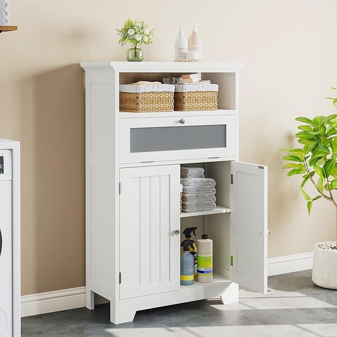 Zalorin Bathroom Floor Storage Cabinet with Flip Glass Drawer, Bathroom Cabinets Freestanding with 2 Doors Adjustable Shelf & Open Storage for Bathroom, Living Room, Hallway, White