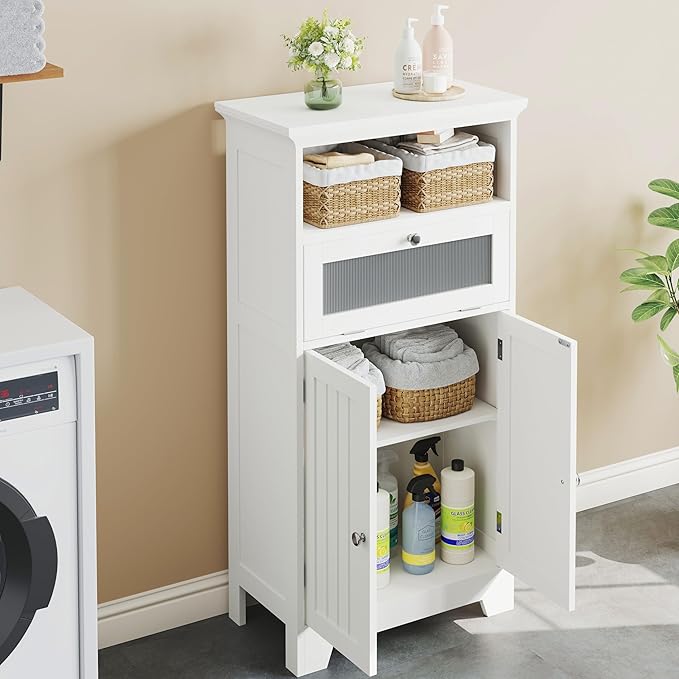 Zalorin Bathroom Floor Storage Cabinet with Flip Glass Drawer, Bathroom Cabinets Freestanding with 2 Doors Adjustable Shelf & Open Storage for Bathroom, Living Room, Hallway, White