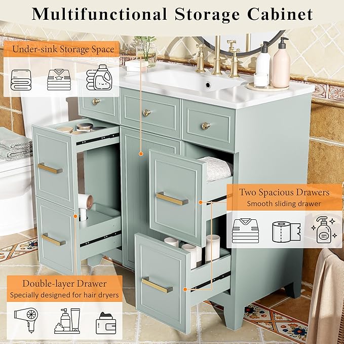 Zalorin 36" Green Bathroom Vanity with Sink, Modern Bathroom Vanity with 3 Drawers & Soft Close Doors, Solid Wood Bathroom Shaker Cabinet with Undermount Ceramic Sink, Gold Handles (Green)