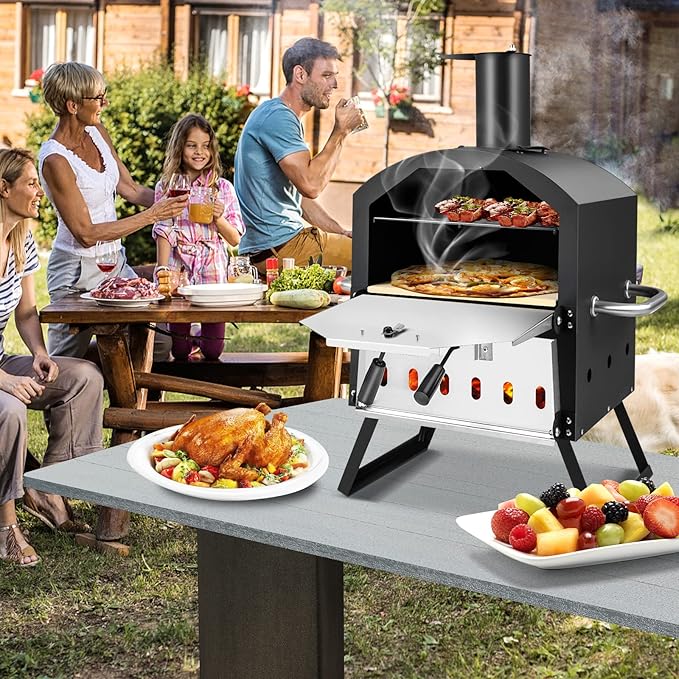 Zalorin Outdoor Pizza Oven Wood Fired, 2-Layer Pizza Maker with Pizza Stone, Pizza Peel, Removable Cooking Rack, Waterproof Cover, Folding Legs, Outside Pizza Ovens for Camping Backyard BBQ (28 Inch)