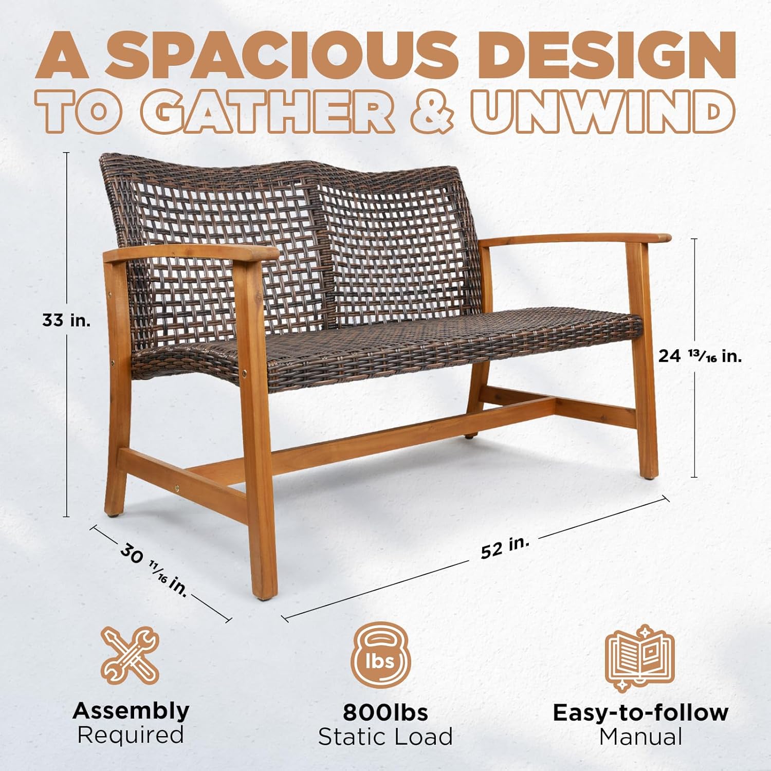 IDZO Harmonie 800lbs Capacity Outdoor Loveseat Furniture, FSC Certified Acacia Patio Sofa with Upgraded 2000 Hours UV Resistant Wicker, Teak Finish Porch Couch