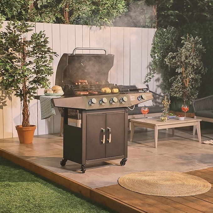 Zalorin Gas BBQ, 4+1 Burner Gas Barbecue with Warming Rack, Side Burner, Temperature Gauge, Cabinet Storage, 4 Wheels, Portable, Steel & Chrome, Grill Meat, Fish, Veg in Your Garden Outdoor Space