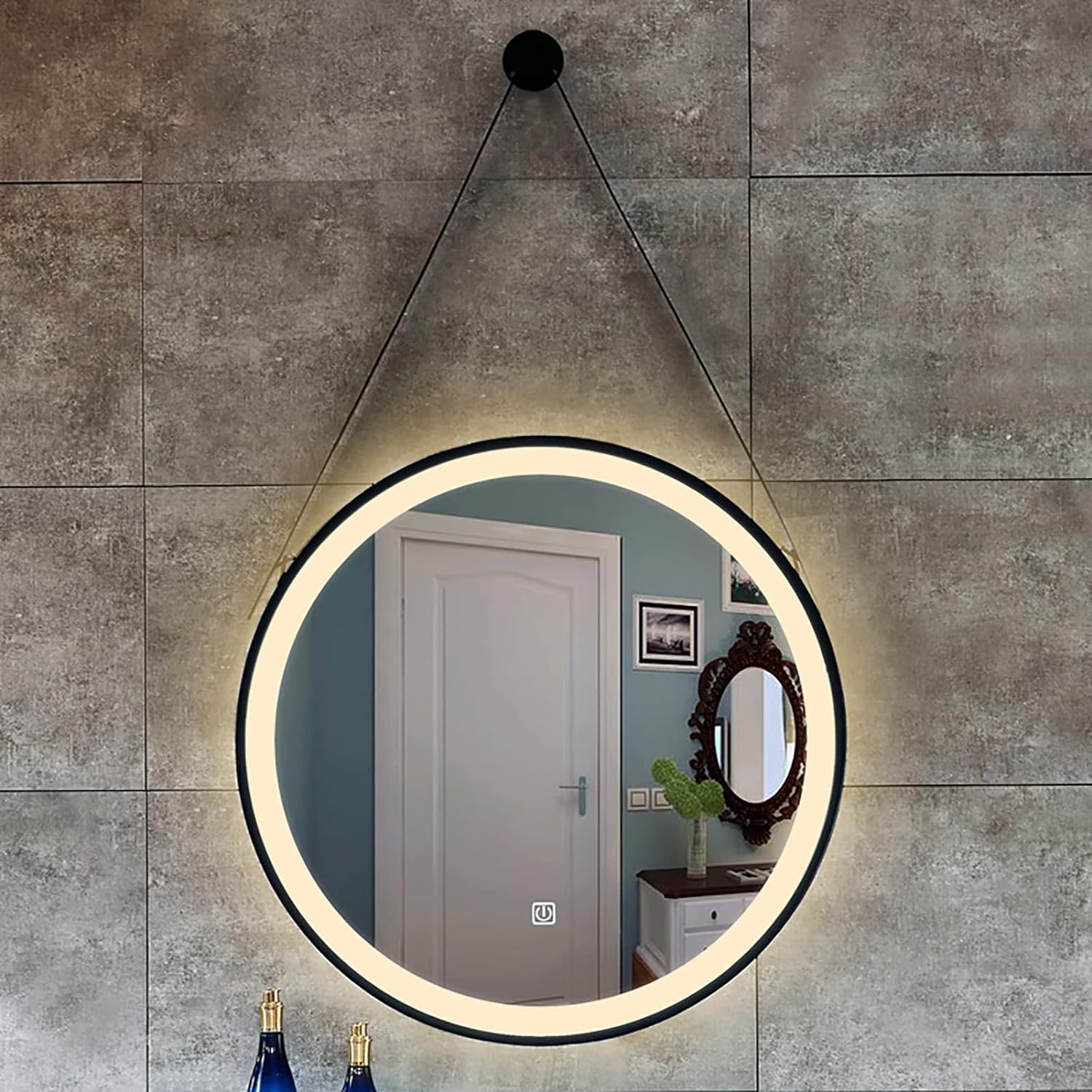 Zalorin LED Bathroom Mirror Round with Sling Bathroom Vanity Mirror Waterproof Wall Mounted Vanity Mirror Solid LED Mirror with Brightness Memory, Dimmable (Color : Warm Light, Battery *1 : 60X60CM)