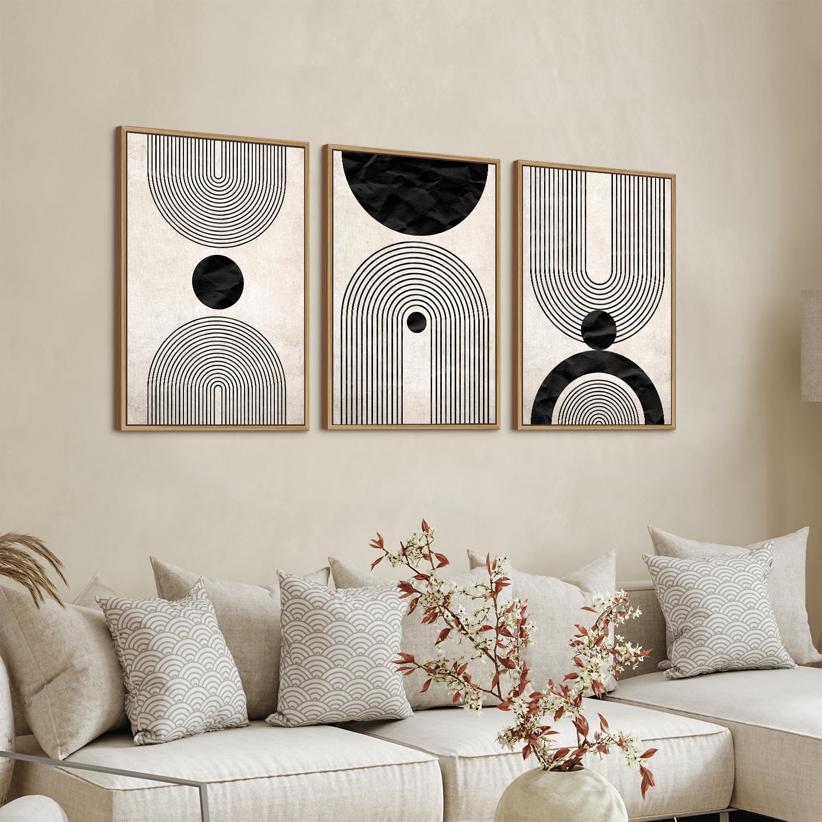 Zalorin Framed Wall Art Canvas Set Mid Century Boho Pictures Modern Abstract Geometric Wall Decor Minimalist Black Beige Bohemian Canvas Painting Artwork for Living Room Bedroom Office 16"x24"x3 Natural