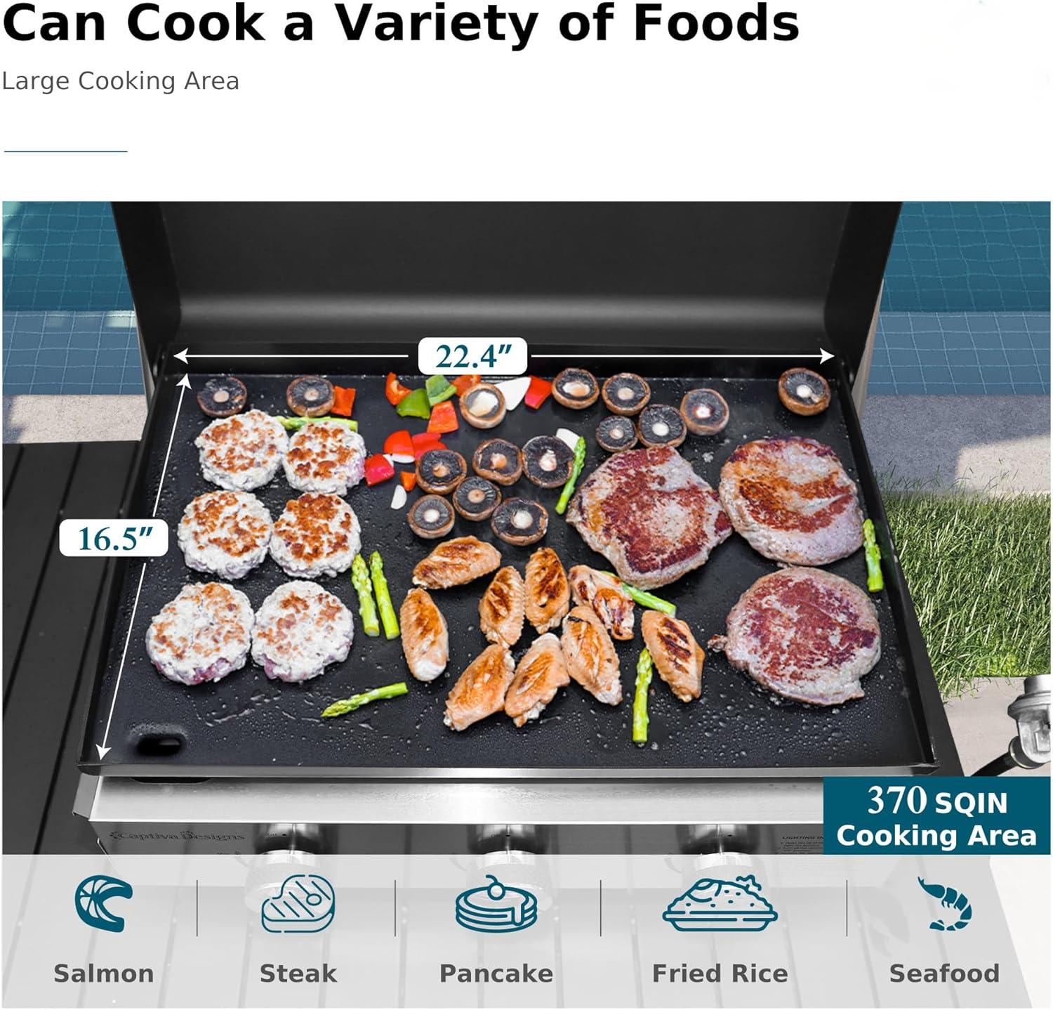 22 Inch Flat Top Grill with Ceramic Coated Cast Iron Pan, 3 Burners Portable Tabletop Propane Gas Griddle Grill for Camping, Outdoor & Tailgating Barbecue.