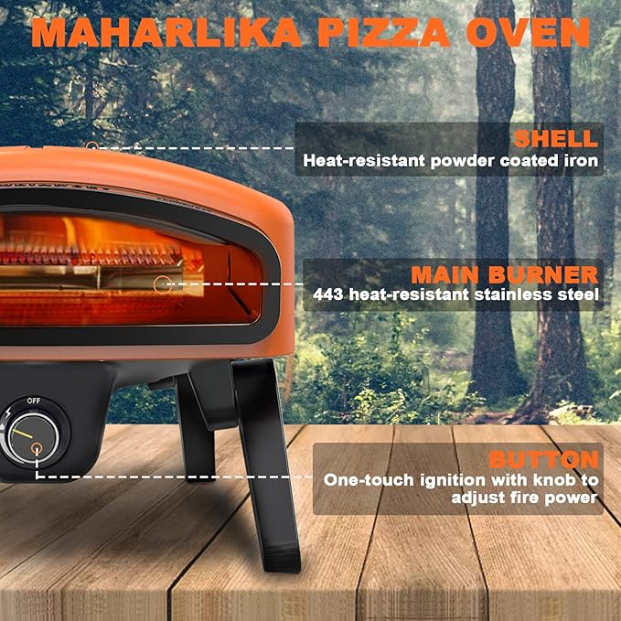 Zalorin Gas Pizza Oven Outdoor 14" Pizza Oven with Built-In Thermometer, Portable Propane Pizza Oven Stainless Steel with Pizza Peel, Stone, Griddle, Recipe & Carrying Bag for Outdoor Kitchen-Orange