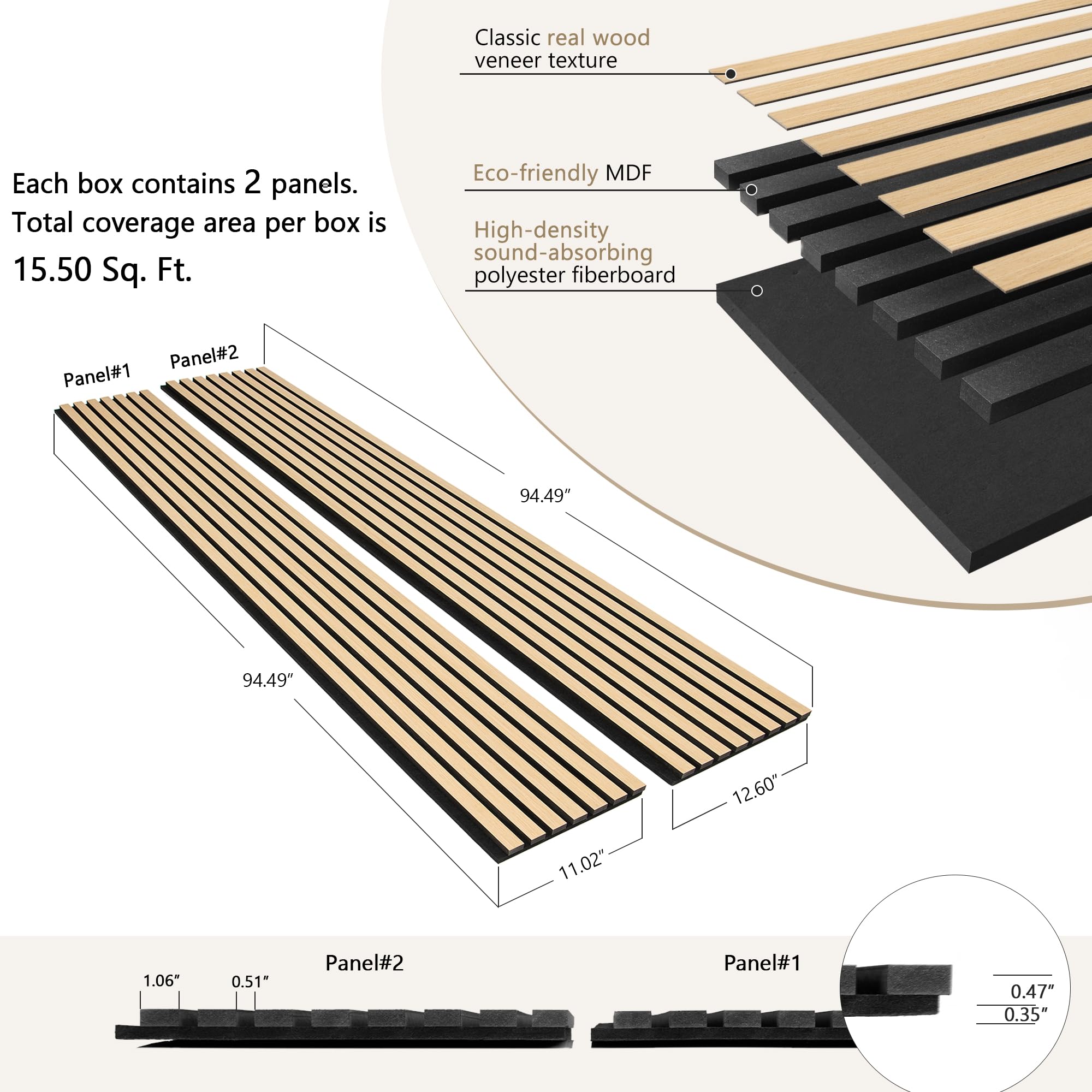 ZalorinAcoustic Wood Veneer Slat Wall Panels for Interior Wall and Ceilings Decor | Sound-Absorbing Felt Board | 3D Sound Proof Decorative Panels | 94.49” x 23.62” Each Box | 2 Pack | Natural Oak