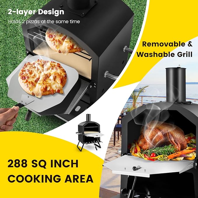 Zalorin Outdoor Pizza Oven Wood Fired, 2-Layer Pizza Maker with Pizza Stone, Pizza Peel, Removable Cooking Rack, Waterproof Cover, Folding Legs, Outside Pizza Ovens for Camping Backyard BBQ (28 Inch)