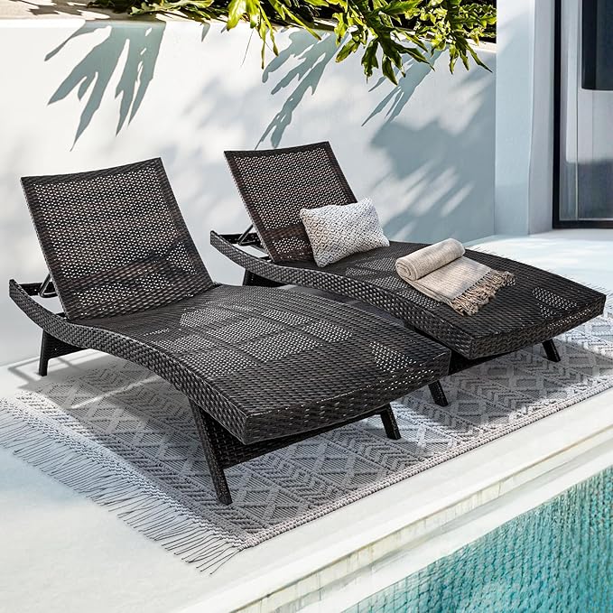 IDZO Katalina Chaise Lounge Set of 2-500lbs Support, UV Wicker, Ergonomic Wave Design, Reclining Backrest, Patio Furniture Set, Multi-Brown