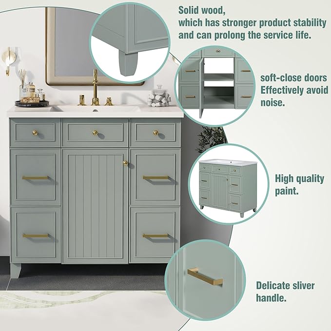 Zalorin 36" Green Bathroom Vanity with Sink, Modern Bathroom Vanity with 3 Drawers & Soft Close Doors, Solid Wood Bathroom Shaker Cabinet with Undermount Ceramic Sink, Gold Handles (Green)