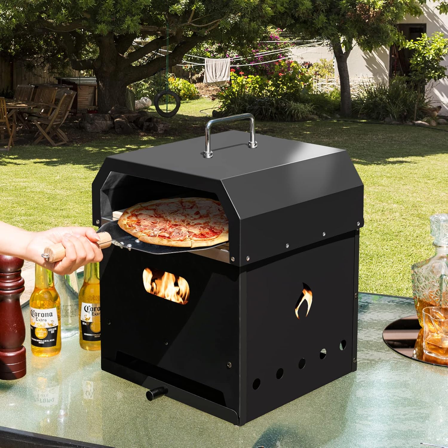 Zalorin, 4-in-1 Detachable Stone, Cooking Grill, Shovel, Convenient Handle, Waterproof Cover for Camping, Hiking, Picnic, BBQ Outdoor Pizza Oven, Black