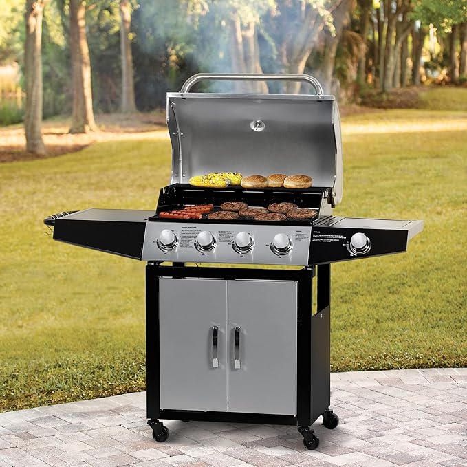 Zalorin Outdoor Propane Gas Grill, 4-Burner with Side Burner, Stainless Steel, Silver Black
