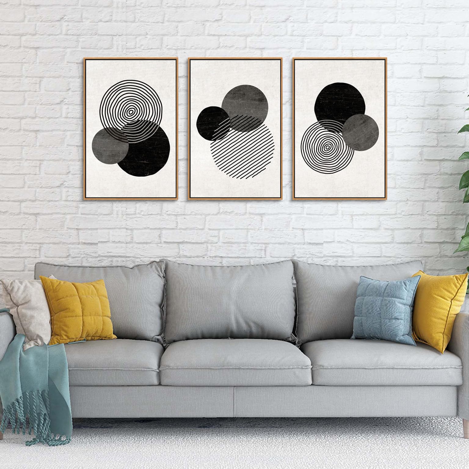 Zalorin Framed Black and White Wall Art Canvas Set Mid Century Boho Pictures Modern Geometric Lines Rounds Wall Decor Minimalist Bohemian Abstract Painting Artwork for Living Room Bedroom Office 16"x24"x3Pc