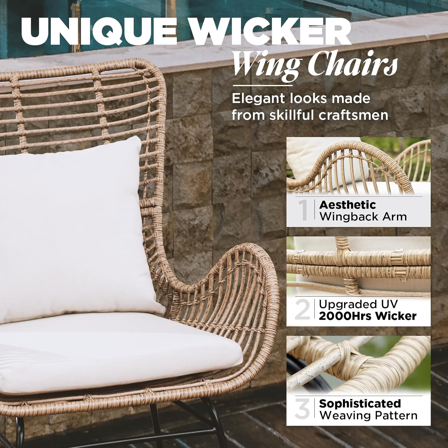IDZO Isabelle Wicker Chairs Set of 2, 2000 Hours UV Wicker Rattan Chair, 500lbs Capacity Boho Patio Chairs with Thick Olefin Cushions and Pillows for Patio, Indoor Use