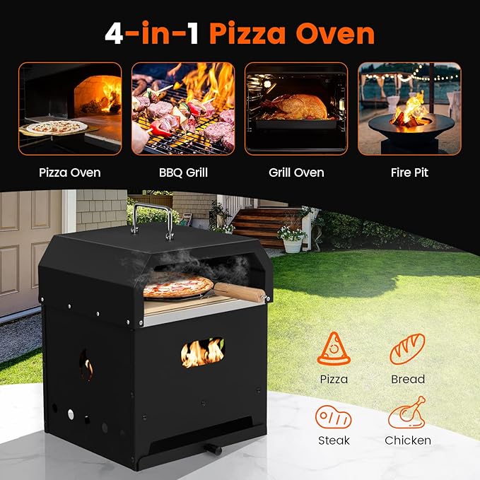 Zalorin, 4-in-1 Detachable Stone, Cooking Grill, Shovel, Convenient Handle, Waterproof Cover for Camping, Hiking, Picnic, BBQ Outdoor Pizza Oven, Black