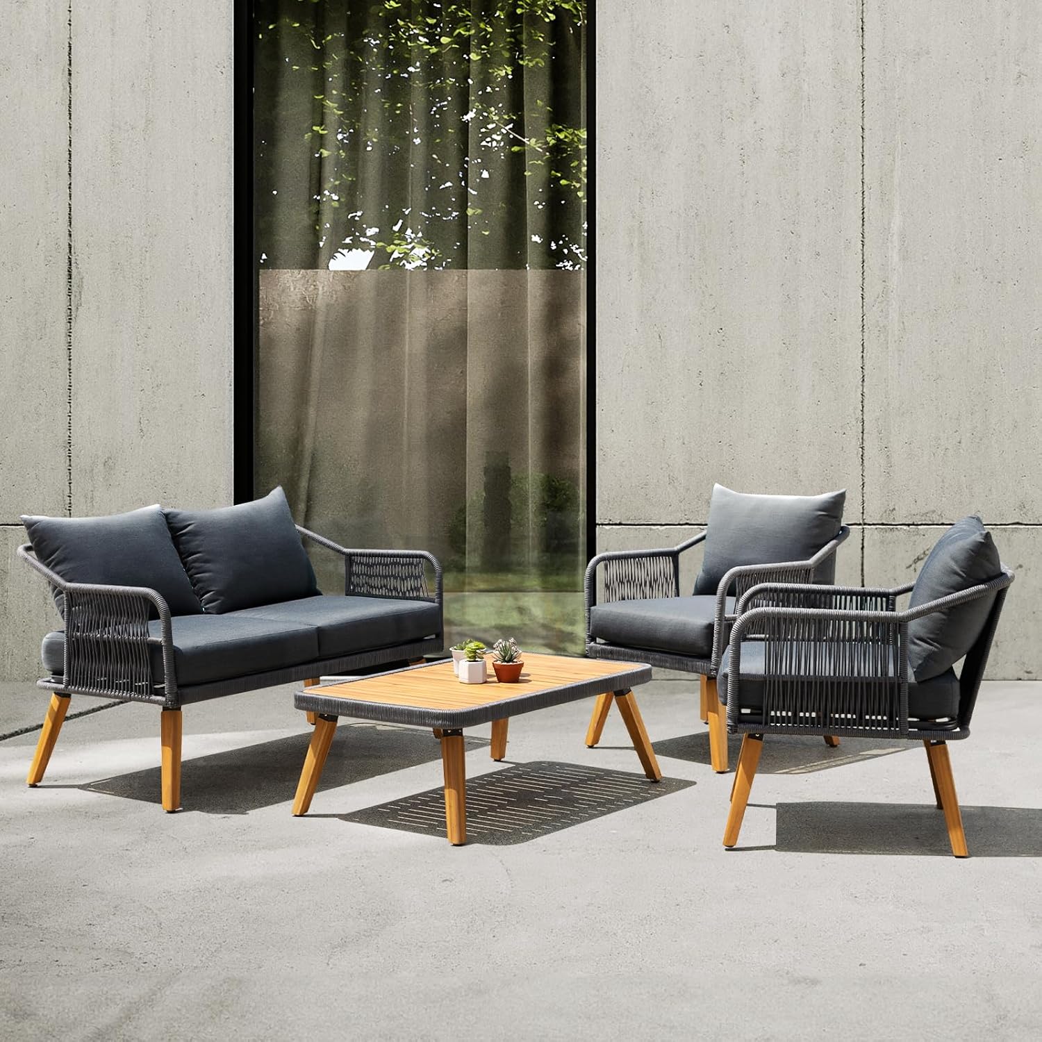 IDZO Serene Patio Conversation Sets, 800lbs Capacity FSC Certified Acacia Wood Outdoor Furniture with 3.9in Thick Soft Cushions, 4 Pieces Modern Rope_Obsidian