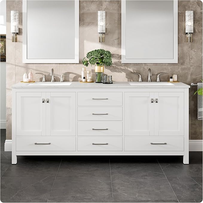 Zalorin 78 Inch Bathroom Vanity - White Double Sink with Quartz Top & Porcelain Sink Combo - Stylish 78 Vanity with Top - Luxurious Bathroom Vanity
