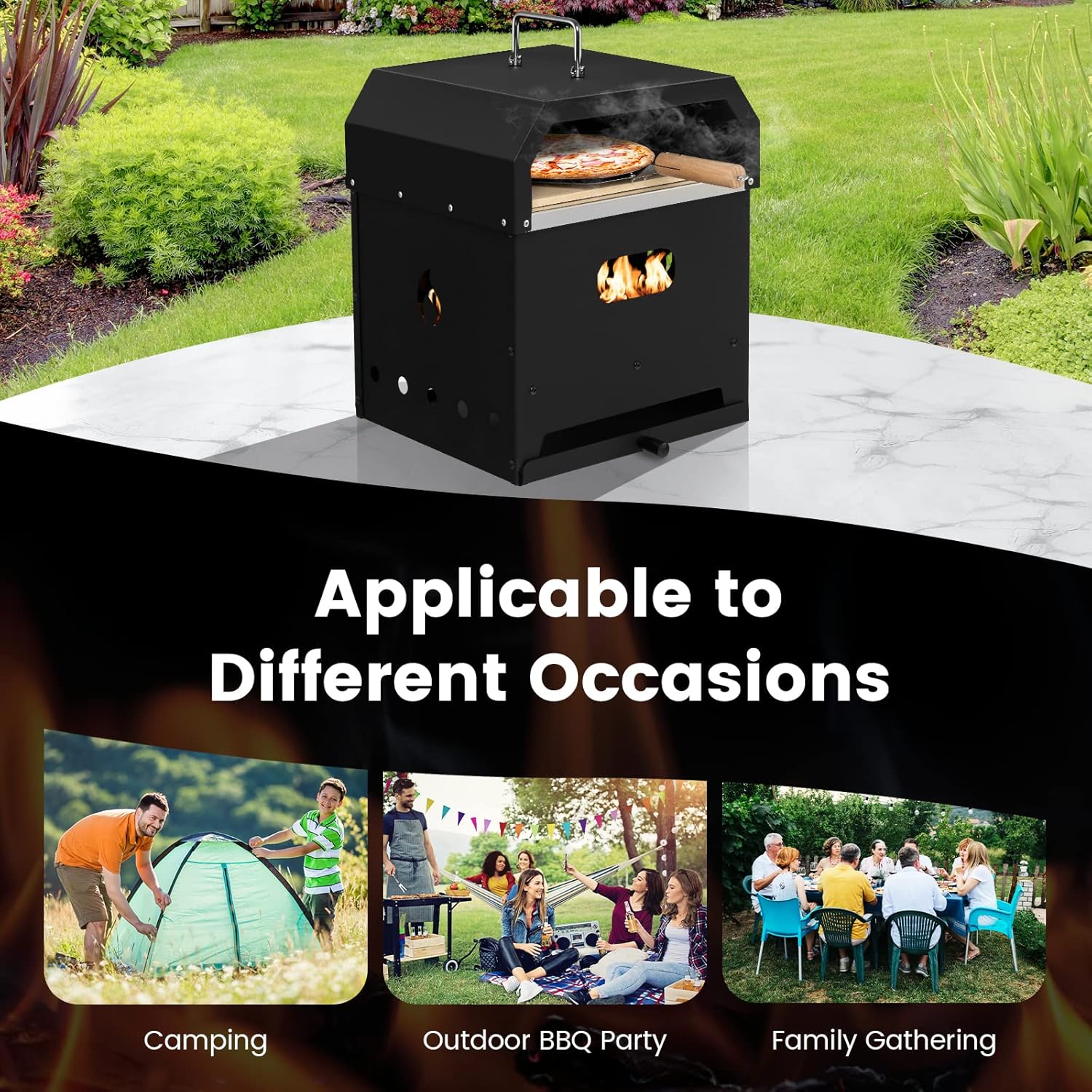 Zalorin, 4-in-1 Detachable Stone, Cooking Grill, Shovel, Convenient Handle, Waterproof Cover for Camping, Hiking, Picnic, BBQ Outdoor Pizza Oven, Black