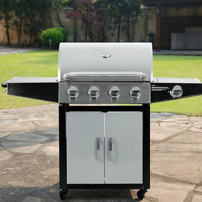 Zalorin Outdoor Propane Gas Grill, 4-Burner with Side Burner, Stainless Steel, Silver Black