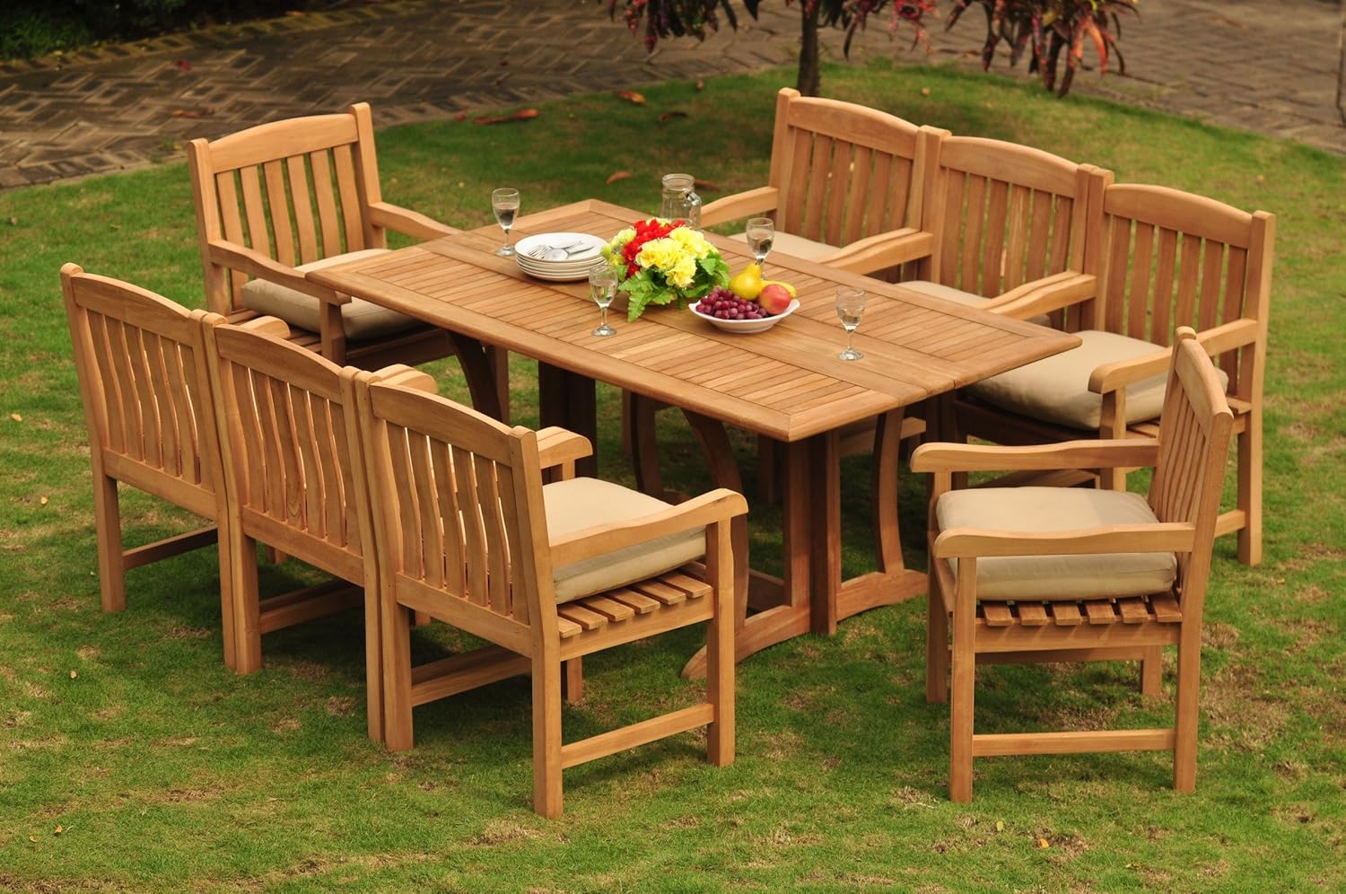IDZO New 9 Pc Luxurious Grade-A Teak Wood Outdoor Dining Set - 69" Warwick Conole Folding Dining Rectangle Table and 8 Devon Arm/Captain Chairs #WHDSDVk