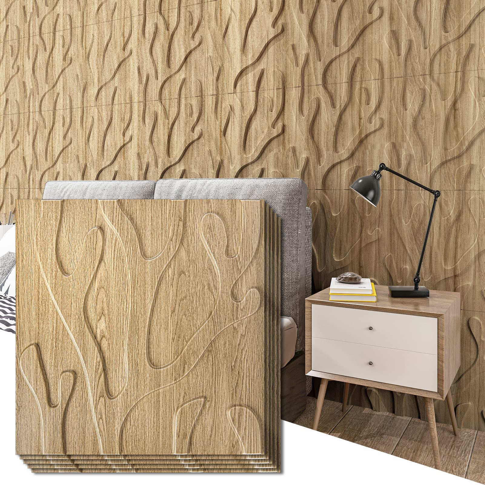 Zalorin 3D Textured Wall Panel for Interior Wall Decor, Trunk in Maple, 12-Tile 19.7 x 19.7in.
