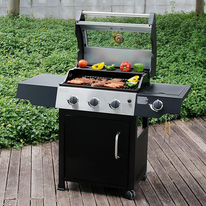 Zalorin Liquid Propane Gas Grill, Stainless Steel BBQ Grill High Performance 3 Burners with Side Burner, 48,000 BTU Cart Style Perfect Patio Garden Picnic Backyard Barbecue Grill.